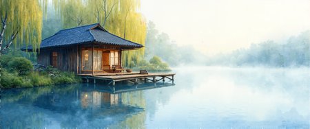 A serene lakeside teahouse, captured in delicate watercolor washes where architectural lines dissolve into gentle bleeding edges. Translucent layers of indigo and burnt sienna create the weathered wooden structure, with pigment pooling naturally at beam intersections. The surrounding willows appear as soft, feathered strokes with colors diffusing into the handmade cotton paper's visible texture. Morning mist rises from the water's surface in gradient washes of ultramarine and pale cerulean, creating luminous reflections where watercolor's transparency reveals underlying paper. Dappled light filters through foliage in splattered techniques and negative space preservation. Paper grain enhances atmospheric perspective while controlled blooms create organic textures at the water's edge. A masterpiece of controlled spontaneity where pigment granulation and purposeful diffusion capture the ephemeral quality of dawn light on still water. <lora:flux_floralizer:0.1> <lora:VividMidjourneymimic-Flux_v1.0:0.3> <lora:flux_dev:1>