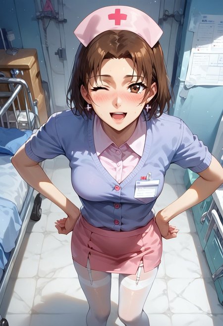 score_9, score_8_up, score_7_up, 1girl, extreme detail, solo, standing, looking at viewer, thigh gap, sexy legs, three quarter picture, pantyhose, legs apart, perfecteyes,   garter belt, hospital, inside, hospital setting, hospital bed, hands on hips, happy, open mouth, wink, view from above, petite, skinny, slim, small breasts, Nijihara_Yayoi,1girl, brown hair, brown eyes, nurse cap, pink shirt, nurse, blush, pink skirt, purple cardigan, impossible_shirt, white pantyhose, pencil skirt
