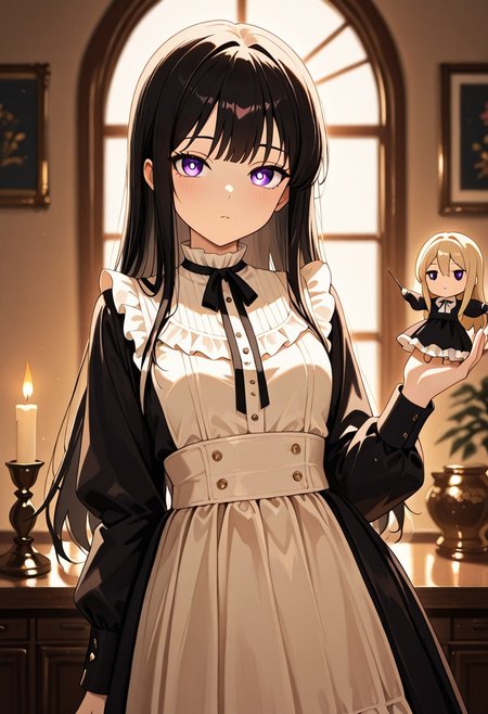 masterpiece, best quality, good quality, very aesthetic, absurdres, newest, 8K, depth of field,  in the style of cknc, artist:moriimee, in the style of cksc, 
1girl, porcelain skin, long black hair, curled, violet eyes, small breasts, perky, frilled dress, glossy skin, holding puppet, looking at viewer, from front
BREAK
victorian parlor, wooden dolls, candlelight flickering
BREAK
warm light, soft colors, high contrast, eerie shadows, rich details, unsettling vibe