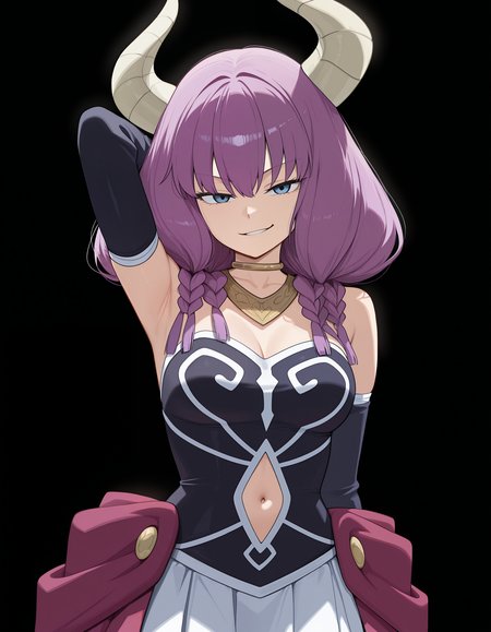 <lora:Aura:1>aur4, demon horns, demon girl, braid, multiple braids, purple hair, low-braided long hair, blue eyes, 
d3fault4ura, gold necklace, white skirt, waist cape, black corset, strapless skirt, neck ring, navel cutout, detached sleeves, one arm behind head, 
looking at viewer, smirk, 
(solid black background:1.4), simple background,