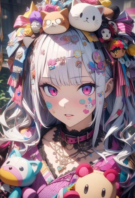 gorgeous lips, cinematic, (masterpiece), (best quality), (ultra-detailed), very aesthetic, illustration, perfect composition, intricate details, absurdres, detailed face, (anime, masterpiece, intricate:1.3), (best quality, hires textures, high detail:1.2), (4k),(incredibly detailed:1.4) 
,,,Soft, kawaii, detail,deco , decora ,DECORA, Japanese aesthetic and fashion deco, ((((deco)))) decora, tokyo fashion, colorful clothing surrounded by other colorful objects on top ,dolls on head, stuffed Toys, collars, animals, stickers on face , on body, hair ornament