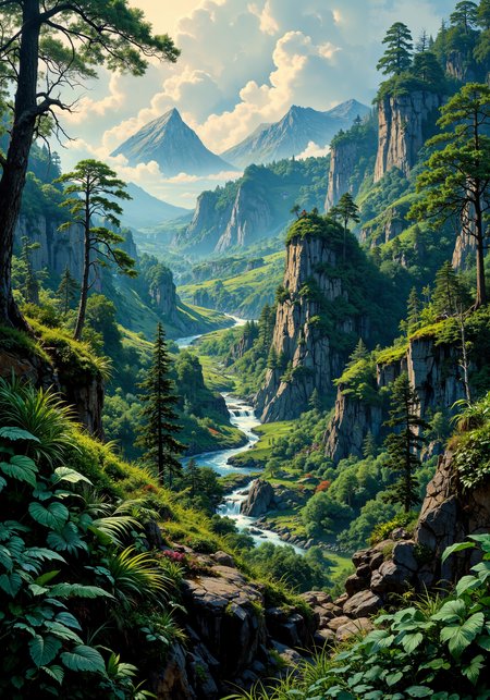Lush forest expanse, arid desert border, rugged mountain ridges, serene coastal cliffs, vibrant valley vista, intricate aerial perspective, intimate close-up of dew-laden leaves, majestic low-angle stone formations, dynamic tracking view along winding rivers, ethereal morning mist, radiant sunrise hues, saturated natural textures, 8k resolution masterpiece, breathtaking illumination, delicate floral details, refined spatial composition, vivid organic mosaic. <lora:MysticFantasy:0.2> <lora:Vintage comic book:0.5> <lora:Illustration concept Variant 3A:0.3> <lora:Anime v1.3:0.5> <lora:flux_dev:1>