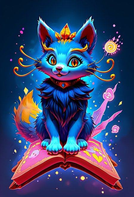 Score_9, Score_8_up, Score_7_up, Detailed draw, feral, animal, quadruped, wonderful, anthro, biped, no humans, (yuumi-default:1.5), blue fur, chest tuft, yellow whiskers, blonde eyebrows, headgear, necklace, yellow tail tip, cute,lick paw, cute lovely hearts detail, adorable, cuddly, sitting, huge body, riding book, (floating object riding book:1.5), magic spells around book, floating object, kitty paws, (fluffy fur body:1.5), big cute eyes, looking at the viewer, happy eyes, long fur, two toned fur, yellow eyes, slit eyes, cute fangs, ng_deepnegative_v1_75t, (cute and pretty:luminescent paints, phosphorus paints, glows at night, paint splash), more detail fur and visual, warm color, vibrant colour, skydrome, disney style,