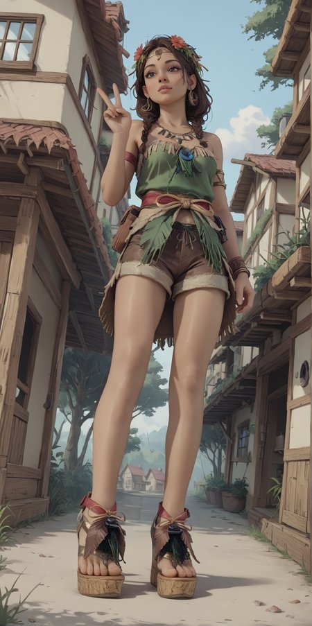 score_9, score_8_up, score_7_up, score_6_up,
1girl, 
brown hair, 
dark skin,
tribal,
feet, toes,
(b0h0 heels), platform footwear,
wide angle, (low angle:0.6), (from side:0.65),
(forest:0.9), town,
looking down, v,
hippie tunic, frayed brown shorts, 
embedding:zPDXLrl ,
embedding:zPDXL2 ,