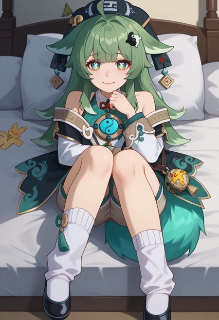 score_9, score_8_up, score_7_up, source_anime, 1girl, huohuodef, green eyes, symbol-shaped pupils, green hair, long hair, ahoge, fox girl, animal ears, fox tail, hair ornament, yin yang, hat, bare shoulders, detached sleeves, long sleeves, shirt, chinese clothes, shorts, white socks, shoes, black footwear, lying, on back, on bed, closed mouth, smile, looking at viewer, indoors, bedroom, pillow, on side, close-up, facing viewer, <lora:Huohuo_v1-000010:1>