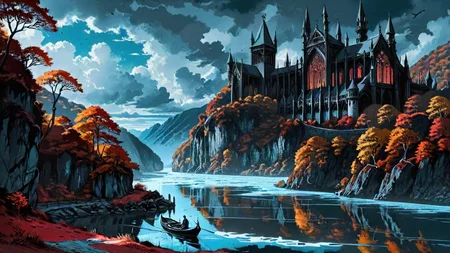 fantasy, anime key visual, landscape of a wide river used by keelboats, Fall, Cold Lighting, Selective focus, Infrared, key visual, <lora:HorrorAI:0.61> gothichorrorAI, located artistic, intricate artistic color, exquisite color, fine detail, cool colors, warm light, grand illumination