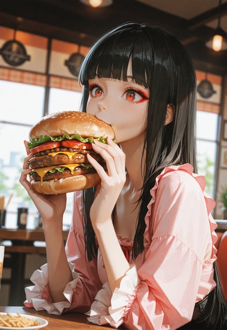 masterpiece, ultra-HD, cinematic lighting, photorealistic, impressionism (1.5), high detail, depth of field, (blurred background), (dramatic lighting),masterpiece, best quality, usnr,very aesthetic,8k,half close-up, sexy pose, long black hair, straight hair,blunt bangs, red eye makeup, asian girl, small head, pretty girl, korean girl, 
((slim body)), wearing pink top,frilly sleeves, in a restaurant, eating a hamburger, very happy,big hamburger