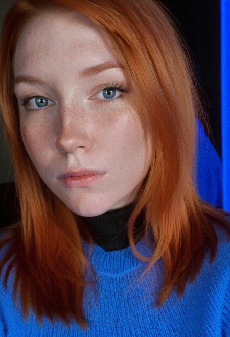 fair skin with freckles, long straight orange hair with a reddish tint, straight hairstyle, cool artificial lighting, wearing a bright blue knit sweater, bright blue eyes, medium-length brown hair, wearing a black high-neck sweater, neutral expression with a hint of contemplation.