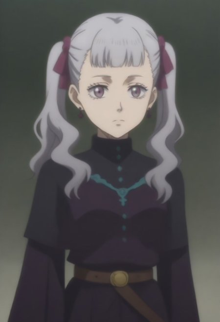 source_anime, anime screencap, source_anime, auratheguillotine, anime screencap, masterpiece, source_anime, shiny skin,,,,,,<lora:noellesilva-pdxl-nvwls-v1-000005:1> noelle silva, grey hair, purple eyes, twintails, hair ribbon, black capelet, green strap, white and purple dress, long sleeves, belt,
