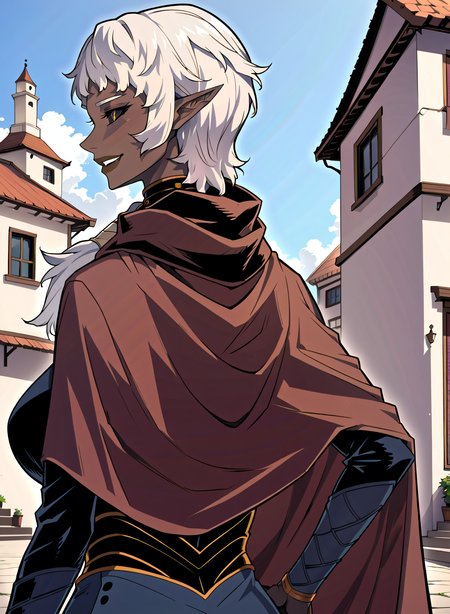 score_9, score_8_up, score_7_up, very aesthetic, source_anime, outdoor, village, <lora:lightXL:0.8> cowboy shot, upper body, close up, from behind, looking back, light smile, hand on hip, 
<lora:Camil-000004:1>, pointy ears, black sclera, dark skin, White hair,dark elf, elf, yellow eyes, brown cape, <lora:!action-sdxl-V0.5:1>, zPDXL