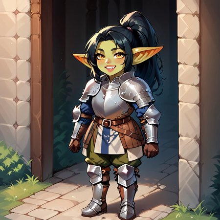1girl, black hair, ponytail, sharp teeth, enormous lips, medieval armor, closeup, goblin woman, green skin, medieval clothes, large smile, (boisterous smile, mischievous smile), Expressiveh, yellow eyes, very muscular, pointed ears,  female goblin, Goblin, solo, long hair, gremlin energy, very short woman, mega ponytail, fully clothed, short stature, shortstack, ((armored boots, boots, shoulder armor, armor, pants, greaves, gloves, long sleeves)), broad shoulders, huge arms, Knight