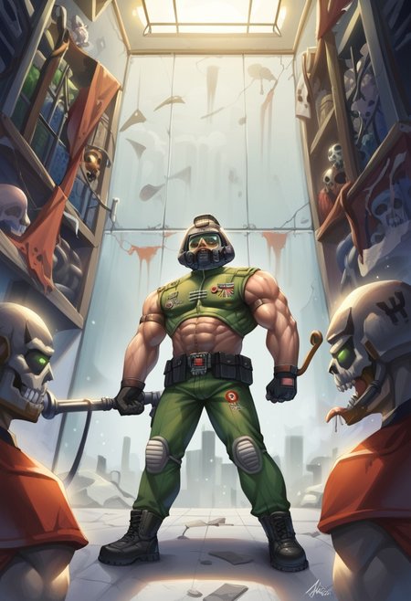 score_9, score_8_up, score_7_up, score_6_up BREAK doomguy, 1boy, helmet, muscular,helmet, male focus,solo,  warhammer style,Warhammer 40000,edgCommissar, uniform, epaulettes ,wearing edgCommissar,skull emblem,millitary uniform, faceless male, dynamic pose, grim darkness, gritty, dark corridor, metal walls, steel beams, pipe, wires, science fiction, red and green glow, portrait, muscular <lora:epic_anime_scenery_v0_1:0.5> <lora:Pony_DetailV2.0:0.5>  <lora:edgWar40kCommissarv1:1> <lora:doomguy-v1_pdxl:0.7>