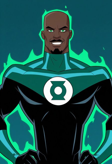 Blue background, simple background, solid color background, 2d, 1male, solo, DC Comics, dark-skinned male, bald head, black facial hair, goatee, mustache, green eyes, Green Lantern_Outfit, bodysuit, chest symbol, green aura, green ring, Upper body, front view, looking at viewer, smile, hands on hips,