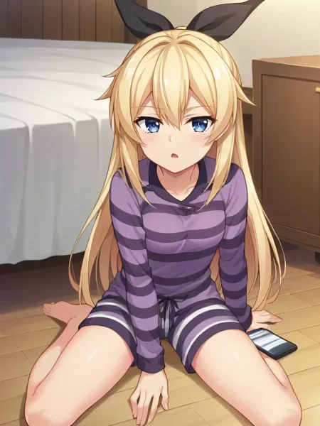 score_9, score_8_up, score_7_up, 2d, anime_screencap, source_anime <lora:azusapxc2pony:1>,
1girl, solo, kurashikiazusa, small breasts, long hair, blonde hair, blue eyes, hair ribbon, purple shirt, striped shirt, purple shorts, striped shorts, pajamas, sitting, floor, indoors, looking at viewer, open mouth, bored, eyes_half-closed, holding, phone