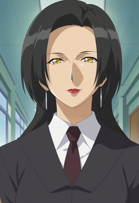 <lora:Hijiri_Kanata-Girls_Bravo:0.8>1girl,solo,Hijiri Kanata,long hair,black hair,yellow eyes,lipstick,earrings,mature female,formal,necktie,shirt,jacket,suit,upper body, smile,looking at viewer, indoors
