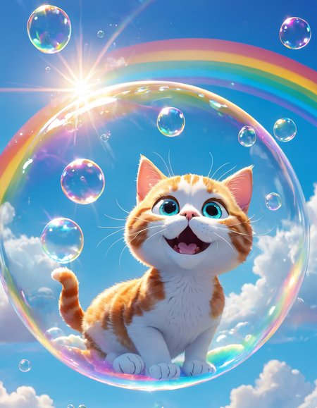 pixar style,  lots of bubble floating into the sky, a cat resting inside the bubble, blue sky, levitation, cute, rainbow, lens flare,