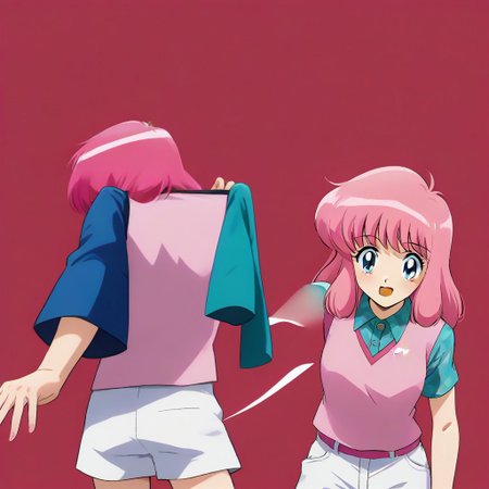 Nakajima Noriko, pink hair with bangs, blue eye, wearing a pink vest over a blue-green checkered shirt, white shorts,,