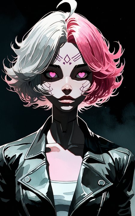 score_9,score_8_up,score_7_up,<lora:isha_ta_v2:0.6>,ishavd,multicolored hair,pink hair,white hair,heart ahoge,ahoge,pink eyes,facial mark,((watercolor style)),A gritty,dystopian scene featuring a sexy dark haired woman wearing a biker leather jacket. The atmosphere is dark and moody,with a streetlight glowing dimly in the background. The color palette consists of muted blues,pinks,and grays,with subtle comic book-style shading and texture,reminiscent of Rob Bowyer's dark,surreal aesthetic mixed with a cyberpunk noir feel. The overall vibe is eerie yet contemplative,emphasizing the haunting loneliness of the urban setting,nvcmsdx,<lora:dark:0.5>,<lora:Organic_Sauce:0.8>,<lora:100_nvcmsdx_a:0.7>,