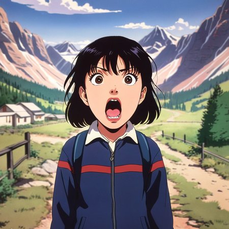anime artwork of  <lora:perfection style:0.5> <lora:detailed:0.5> perfection detailed
 <lora:The Shining film style:0.9> In cartoon
In the 1980's in the Colorado Rocky Mountains a screaming scared young child with a very big open mouth,1girl,solo,looking at viewer,short hair,open mouth,black hair,teeth,black eyes,portrait,realistic,horror (theme) , cinematic, film, kodak, The Shining film style, anime style, key visual, vibrant, studio anime,  highly detailed
