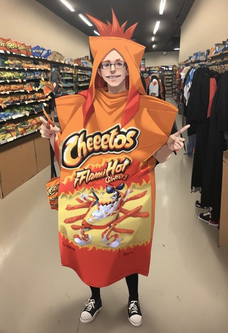 flamin_hot_cheetos_bag_costume, bag, print shirt, full body, ginger hair,