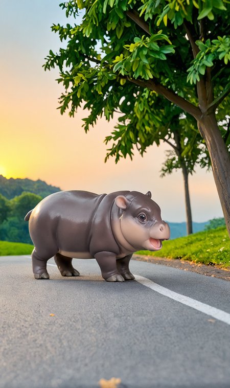 <lora:Pony_BTT_MOODENG_v01:0.8>moodeng, chibi, (no human:1.2), animal, hippo, solo,  side view, looking at viewer,   (open mouth:1.4), face focus, diorama, scenery, 
cloudy sky, morning light, road, tree,
<lora:LCMTurboMix_Euler_A_fix:1><lora:EnvyZoomSliderXL01:1>
