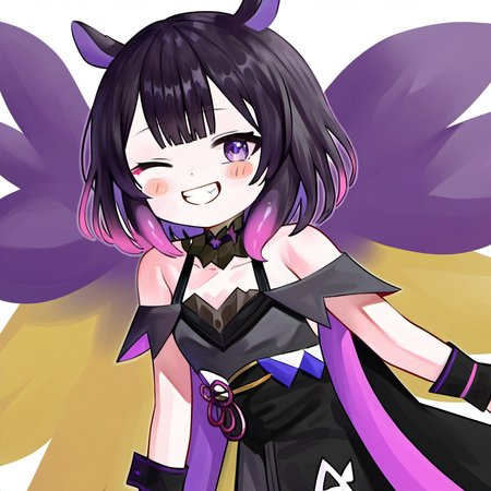 1girl, azki (3rd costume) (hololive), azki (hololive), by kodoto, bare shoulders, black hair, blush stickers, collarbone, colored inner hair, detached collar, multicolored hair, one eye closed, pink hair, purple eyes, short hair, smile, solo, teeth, wrist cuffs,