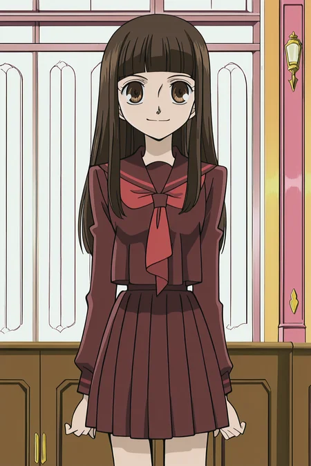 anime screencap, anime coloring, detailed face, perfect fingers, masterpiece, best quality, very aesthetic, absurdres, volumetric lighting,
<lora:Haruhi_Fujioka_and_Renge_Houshakuji_Ouran_High_School_Host_Club:1>
in a classroom,
Haruhi Fujioka (character), 1girl, solo, brown hair, brown eyes, 
Haruhi blue and red school uniform with long hair outfit, long hair, school uniform, serafuku, blunt bangs, pleated skirt, kneehighs, cowboy shot,
girl directly facing the viewer, girl looking at the viewer, devious smile, mouth open, grinning girl, amused face,
traditional media, Ouran High School Host Club anime art style, official anime artwork, retro artstyle, 2000s anime look
