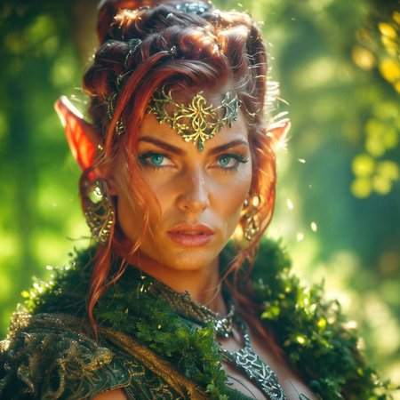 RAW photo, (masterpiece:1.3), subsurface scattering, heavy shadow, (high quality:1.4), (intricate, high detail:1.2), professional photography, HDR, High Dynamic Range, realistic, ultra realistic, photorealistic, high resolution, film photography, ambient lighting, atmospheric effects, <lora:detail_slider_v4:2>, OverallDetail, Samantha, <lora:Samantha:1>, as a female wildelf warrior, auburn hair, green cloak, headdress, jewelry, primitive armor, in the forest, dynamic pose, <lora:Wildelf:1>, epiCPhoto,  <lora:zoom_slider_v1:-3>
