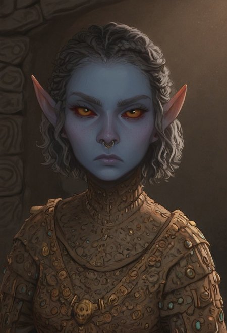 safe_pos, solo, short pointy ears, piercings, random elf face, aquiline features, female dark elf, brow rings, nose rings, beaded piercings, weathered skin, large nose, insect chitin armor, insect chitin helmet, insect chitin ornaments, stylized insect pattern, athletic build,  animated realism, zoomed out, Syrian features, torso, brass pipes and gears, intricate architecture, dwarven masonry, dwemer fixtures, white-green light, gloomy lighting, ancient ruins, interior, stone tiled floor, grey-blue skin, mahogany and ivory clothes, medium armor, bone plate armor, ivory straps and fittings, alien bone ornaments, grey wood neckguard, red sclera, black pupils, blue-green light, neon, highly detailed, defined features, looking at viewer, three quarters view, from above, dynamic lighting, 19 years old, light and shadows, patterned cloth, annoyed expression, expressive eyes, detailed medieval clothes, medium_breasts, short hair, wavy hair, thick hair, beaded hair, braided hair, under cut hair, semirealistic, alien elf, spanish features, jewish features, white grey hair, dark red hair, umber skin, sharp features, pastel green inuit print cloak, nighttime, high detail, absurdres, pretty eyes, detailed eyes, yellow eyes,