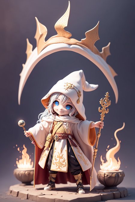 (masterpiece),(best quality),(ultra-detailed), (full body:1.2), 1boy,chibi, smile,(beautiful detailed face), (beautiful detailed eyes), (Simple and clean style_1.5), 
grimoire,  wizard hat,  holding staff,  royal robe,  summon fire dragon,  middle ages town, 
 <lora:blindbox_V1Mix:1> ,