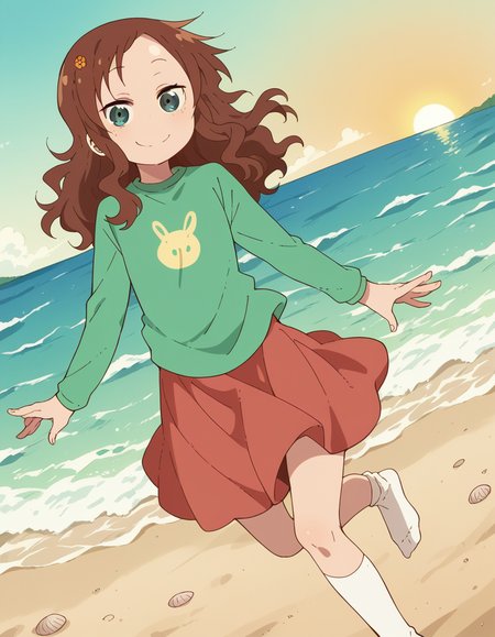 score_9, score_8_up, score_7_up, source_anime, <lora:riko-saikawa-s2-ponyxl-lora-nochekaiser:1>, riko saikawa, long hair, brown hair, green eyes, hair flower, hair ornament, flower,, skirt, shirt, long sleeves, red skirt, white socks, green shirt,, beach, sunset, walking along shore, footprints in sand, waves, peaceful, smile, looking at viewer, smile, solo,, dutch angle,