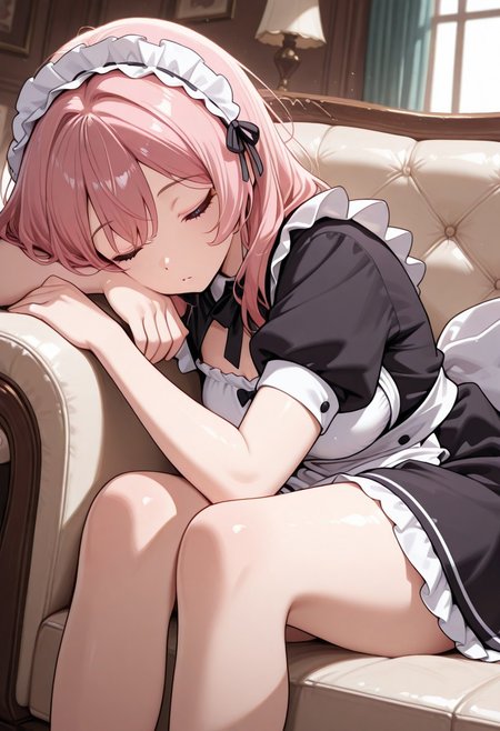 woman, CivChan, purple eyes, pink hair, maid outfit, sitting  on a couch, right hand on the face, sleeping face, high quality, best quality, masterpiece, 4k resolution, anime