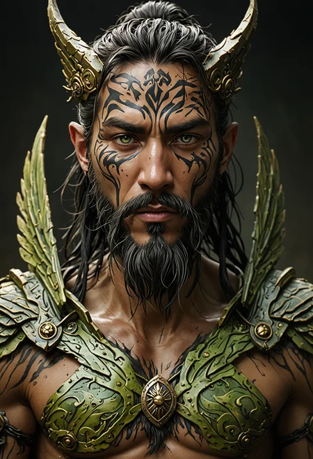 big long brushstrokes of deep black sumi-e turning into symbolic painting of In the Temporal Rift crossing the Streams of Eternity, bilaterally symmetrical shot, Native American middle-aged Wolfman boy is magnificent, his undercut is chestnut, his monolid light green eyes are diminutive, drooping lips, delicate heart face, wine skin, curvy is elongated toes, cry, (boxed beard:1.3), his is wearing astral arbiter sentinel armor with ethereal wings, celestial shield, he is seeking wisdom from an oracle  . 3D, sculptural, textured, handmade, vibrant, fun