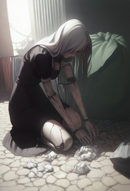 abbystea style, detailed,masterpiece,score_9,score_8_up,score_7_up,score_6_up,1girl,female, solo,anime,white hair, long hair,blue eyes,(glowing eyes:0.5),metal skin,wire,(cracked skin),melancholy,joints,android,mechanical parts,dark,sitting,trash bag,trash,slums,dirty,clutter,sad,barefoot,poverty,catharsis,cracked face, fullbody, sunlight,black dress, maid outfit, puffy sleeves,source_anime, outdoors, sad face, close up, ripped clothes, large breasts, hands, wires, clothing cutout, postapocalypse, greenery, covered eyes, mole under eye, mole under mouth, A2