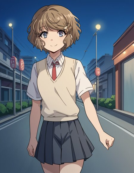 score_9, score_8_up, score_7_up, source_anime, <lora:tomoe-koga-s1-ponyxl-lora-nochekaiser:1>, tomoe koga, short hair, brown hair, blue eyes, hair clip,, skirt, shirt, school uniform, white shirt, short sleeves, pleated skirt, necktie, collared shirt, red necktie, sweater vest,, city street, evening, streetlights, walking dog, quiet neighborhood, gentle breeze, smile, looking at viewer, solo,, cowboy shot, dutch angle