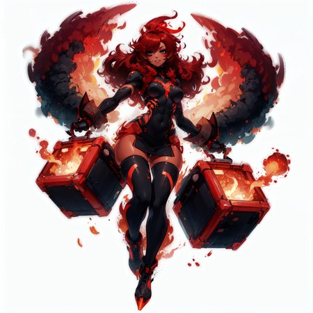 (simple background:1.2), ( white background:1.2),  full body,looking at viewer, scifi,(monster girl:1.1),monster girl, happy, dark skin, muscular, medium breasts, petite, 1girl, black EYES, red hair, suit, miniskirt, multicolored skin,
lifting a giant cube, colored skin, long hair, black strands, red hair, <lora:worldoffire:0.8>, worldoffire,