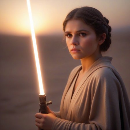 Star Wars prises Leia ((with the young Anakin Skywalker holding his light sabre)), by her side, (Han Solo, holding his laser gun) on the planet andor, shallow depth of field, vignette, highly detailed, high budget Hollywood film, bokeh, cinemascope, moody, epic, gorgeous, film grain, Canon EOS R,Canon RF 85mm F1.2L USM, ISO 100
