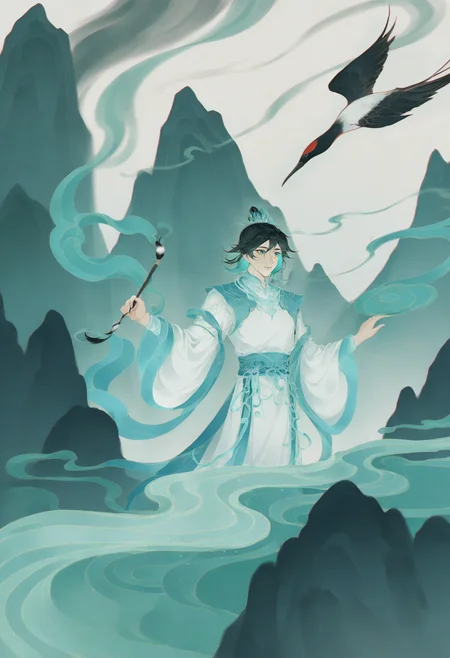 Prompt: Wuhua Mixin, qian li jiangshan tu \(wuhua mixin\), 1boy, aqua eyes, aqua hair, bird, black hair, calligraphy brush, chinese clothes, chromatic aberration, closed mouth, colored inner hair, crane \(animal\), hair between eyes, hanfu, holding, holding calligraphy brush, holding paintbrush, long sleeves, looking at animal, male focus, mountain, multicolored hair, paint splatter, paintbrush, painting \(action\), ripples, robe, short hair, smile, solo, upper body, white robe, wide sleeves.,
Negative prompt: nsfw, worst quality, old, early, low quality, lowres, signature, username, logo, bad hands, mutated hands, mammal, anthro, furry, ambiguous_form, feral, semi-anthro, bad anatomy, bad proportions, extra limbs, extra digit, extra legs, disfigured, missing arms, too many fingers, fused fingers, missing fingers, unclear eyes, watermark, nail polish, nail, multicolored nails, speech bubble, ai-generated,
Size: 832x1216,
Seed: 2245511222,
Model: noobaiXLNAIXL_epsilonPred11Version,
Steps: 30,
Sampler: ,
KSampler: euler_ancestral,
Schedule: simple,
CFG scale: 4.5,
Guidance: 3.5,
VAE: Automatic,
Denoising strength: 0.25,
Clip skip: 2,
LoRA: mythforill-000207:0.95,
Hires resize: 1248x1824,
Hires steps: 20,
Hires upscaler: 4x-AnimeSharp