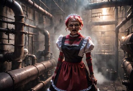 4k, Cinematic style of (Freddy Krueger:1) wearing (maid costume:1.2), holding a skull, old boiler room, old pipes leaking steam, old cellar. god rays, Shallow depth of field,  vignette,  highly detailed, high res, high budget,  bokeh,  Cinemascope,  moody,  epic,  gorgeous