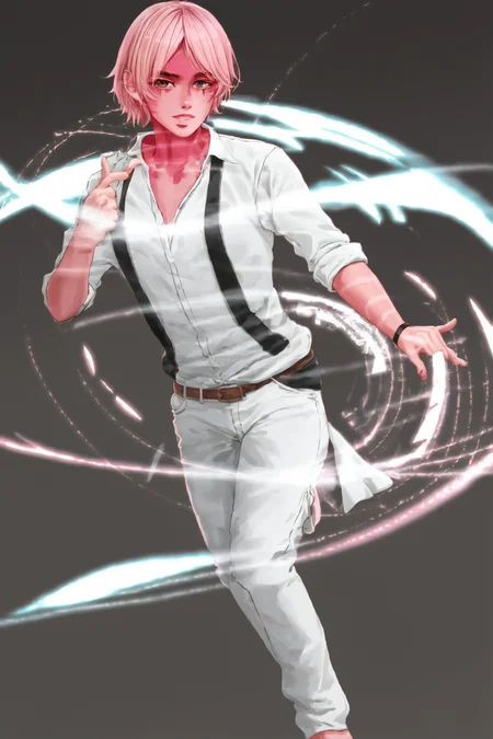 <lora:Technoblade_Avatar:1>  (masterpiece, best illustration), 1boy, solo, male focus, deep brown eyes, light pink hair, (colored skin, pink skin, red face paint, pink body paint),  glittery skin, shirt, white shirt, open shirt,  looking at viewer, full body, (dynamic angle), depth of field, alchemic symbols background, extreme light and shadow, side lighting, (solo), (best lighting), rim lighting, Technoblade, youtuber,