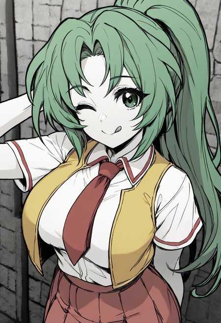score_9, score_7_up,  1girl,   <lora:Slugbox Style-000046:1>  <lora:MionCAME2:1> Mion Sonozaki, green eyes, ponytail, green hair, white shirt, red necktie, yellow vest, red skirt, smile, tongue out, one eye closed, looking at viewer, monochrome