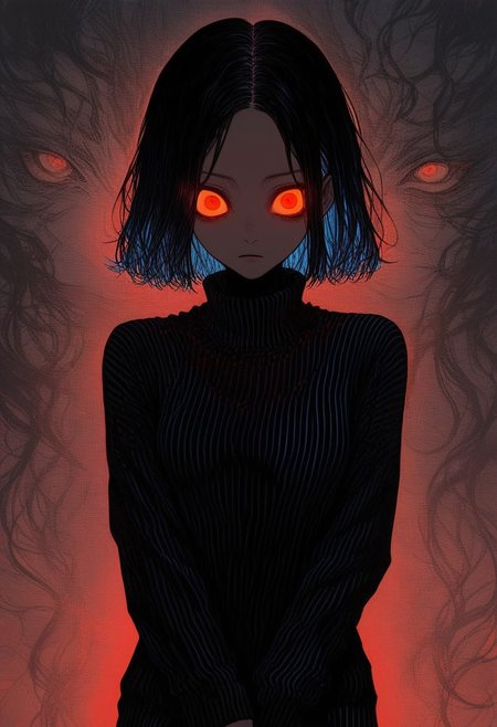 score_9, score_8_up, score_7_up, anime style, female character, shoulder-length black hair, wide eyes, blank expression, dark striped sweater, standing upright, slightly turned body, red and orange color palette, multiple large eyes in background, surreal art style, unsettling atmosphere, bold brush strokes, red glowing eyes, black shadows, large eyes watching, eerie mood, abstract background, character looking to the side, textured clothing, oversize sweater, illuminated face, stylized art, hand partially visible, no visible legs, frontal camera angle, mid-shot composition, unsettling contrast, dark blue highlights, chaotic background design, glowing reflections on eyes, mysterious tone, psychedelic elements, high saturation, minimalistic environment, dramatic lighting, feeling of being watched, isolated character, vivid colors, intense visual contrast, dreamlike scene.