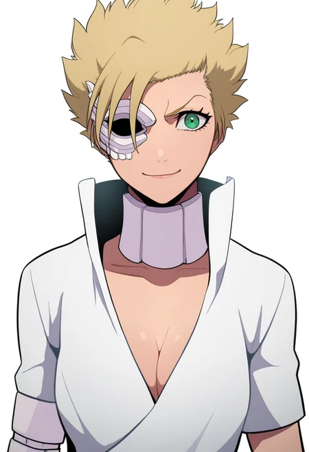 masterpiece, best quality, very aesthetic, absurdres,
1girl, menolymallia, eyepatch, green eyes, blonde hair, short hair, spiked hair,
bandages, cleavage, dress, small breasts,
smile, upper body, solo, looking at viewer, simple background, white background  <lora:MenolyMalliaNoobXL_byKonan:1>