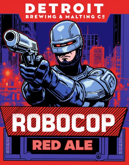 <lora:Phillips_Beer_Art_Style_FLUX-000017:0.9>
This is a vibrant, stylized digital illustration for a Robocop Red Ale beer label designed by Detroit Brewing & Malting Co. The artwork features a stylized, detailed illustration of Robocop aiming his pistol, with the background showing a dystopian future city landscape.