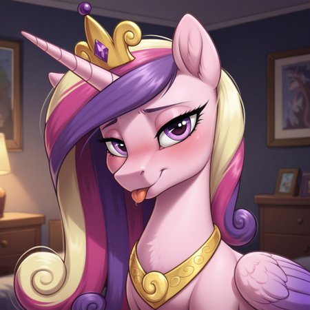 score_9, score_8_up, score_7_up, score_6_up, pony, alicorn, (feral), mare, solo, (princess cadence), no breasts, bedroom, indoors, (night), tail, photo_realistic, blushing female, face focus, silly face, looking at you, closed mouth, tongue out, face only, face focus, close-up, upper body