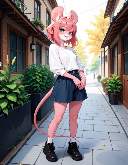 masterpiece, best quality, very aesthetic, absurdres,
outdoors, casual, 
full body, standing, posing, 
 seductive smile, parted lips, long eyelashes,
 <lora:Mouse_Girl_v01_NAIXL:1>
M0sgr1,1girl,solo,furry,furry female,mouse girl,mouse ears,pink hair,short hair,blue eyes,snout,animal nose,whiskers,buck teeth,body fur,pink fur,mouse tail,