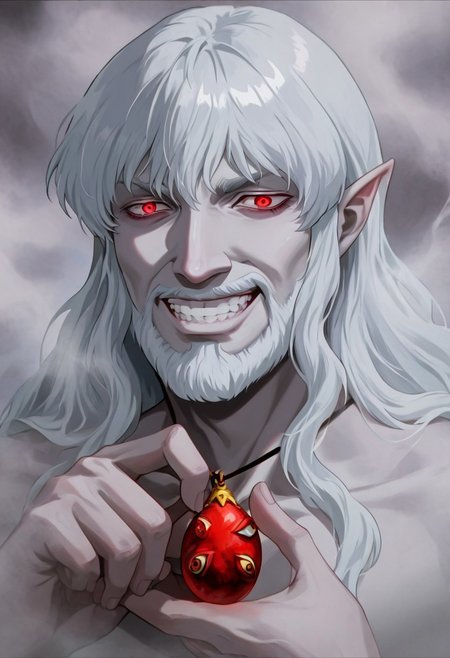 masterpiece, best quality, newest, absurdres, highres, 
berserk,
BBH/EOK-V1.0-base, behelit, jewelry,  holding jewelry, holding, holding behelit, BBH/EOK-V1.0-awoken,
BREAK
1boy, pale, pale skin, white hair, red eyes, poiny ears, fog smoke, grin, mist, beard, facial hair,