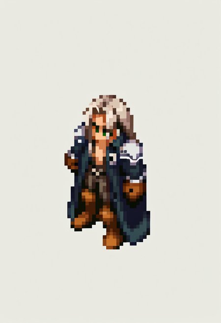 score_9, score_8_up, score_7_up, source_anime, BREAK, solo, 1boy, <lora:FFT-SpritesV2-pdxl_Fp:1>, looking at viewer, from side, full body, standing, solid oval eyes, no mouth, no nose, pixel art, <lora:FFVII_Sephiroth_V1.0:1>, sephiroth, official outfit grey hair, long hair, very long hair, parted bangs, armor, open clothes, shoulder armor, long sleeves, pectorals, black jacket, jacket, black gloves, high collar, long bangs, black coat, green eyes,
