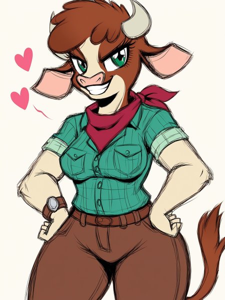 score_9,score_8,source_furry,
<solo:1.5>,
<1girl:1.5>,
arizona_fherds,
cow_girl,
1girl,
furry,
furry female,
solo,
breasts,
green eyes,
horns,
tail,
smile,
medium breasts,
brown hair,
animal ears,
snout,
tonned,
tonned body,
cow horns,
looking at viewer,
grin,
cow tail,
cow ears,
thick thighs,
teeth,
anthro,
cow girl,
furrification,
<simple background:1.5>,
<white background:1.5>,
<lora:Arizona_Fherds_Pony_SDXL:1> arizona_fherds,  
<lora:90s4n1m3XLP:1.25> 90s4n1m3, happy,
smile,
teeth,
tongue