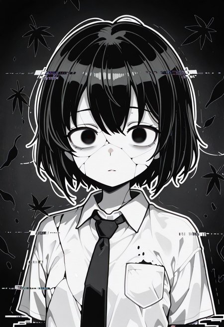 lazypos, character focused, anime girl, broken reality, glitch distortion, cracked screen, short hair, dark eyes, haunted expression, black leaves, monochrome style, ink outlines, white shirt, black tie, eerie atmosphere, digital noise, corrupted view, surreal composition, void background, horror aesthetic, glitch core, unsettling gaze, lkstyle